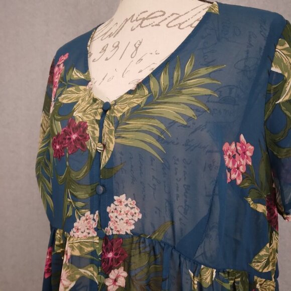 Torrid | Button Up Sheer Top Blouse Women Tropical Floral Hi-Lo | Size 1X - Picture 2 of 8